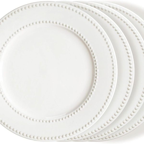 Four piece set, 10 5 inch white ceramic plates, embossed salad plate, restaurant style, dishwasher and microwave safe